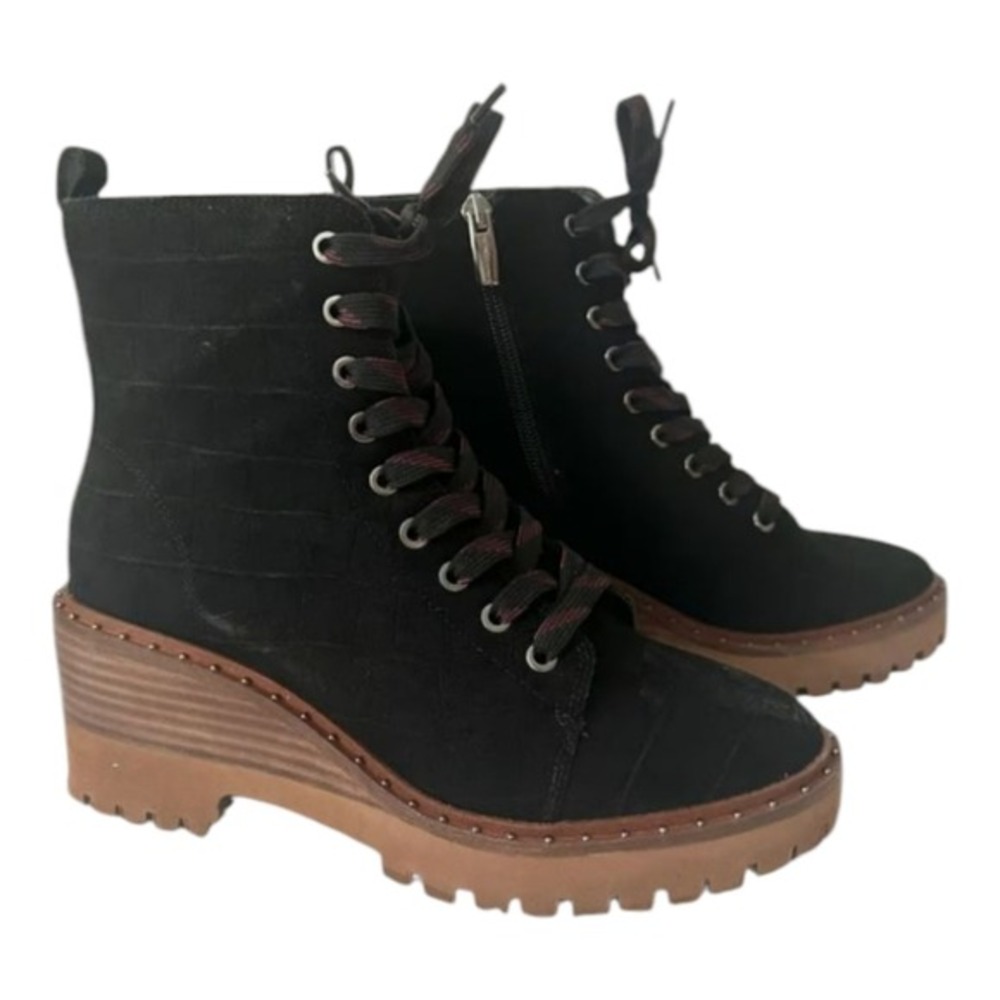 Vince Camuto Debsen Black Suede Croc Lug Sole Platform Combat Boot Lace Up 8.5